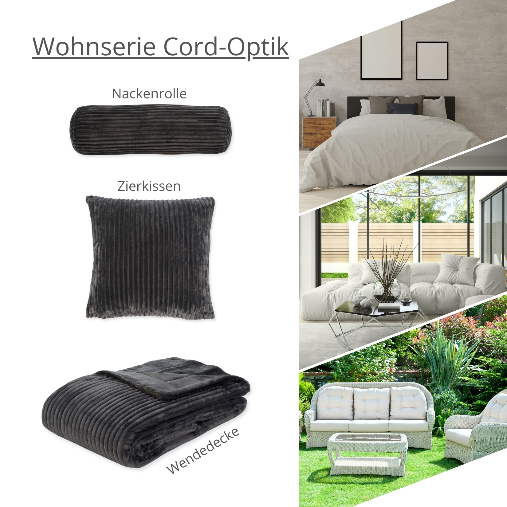 liebling Decke/Kissen/Kissenrolle, Wohnserie in Cord-Optik, 100% Polyester - Mikrofaser