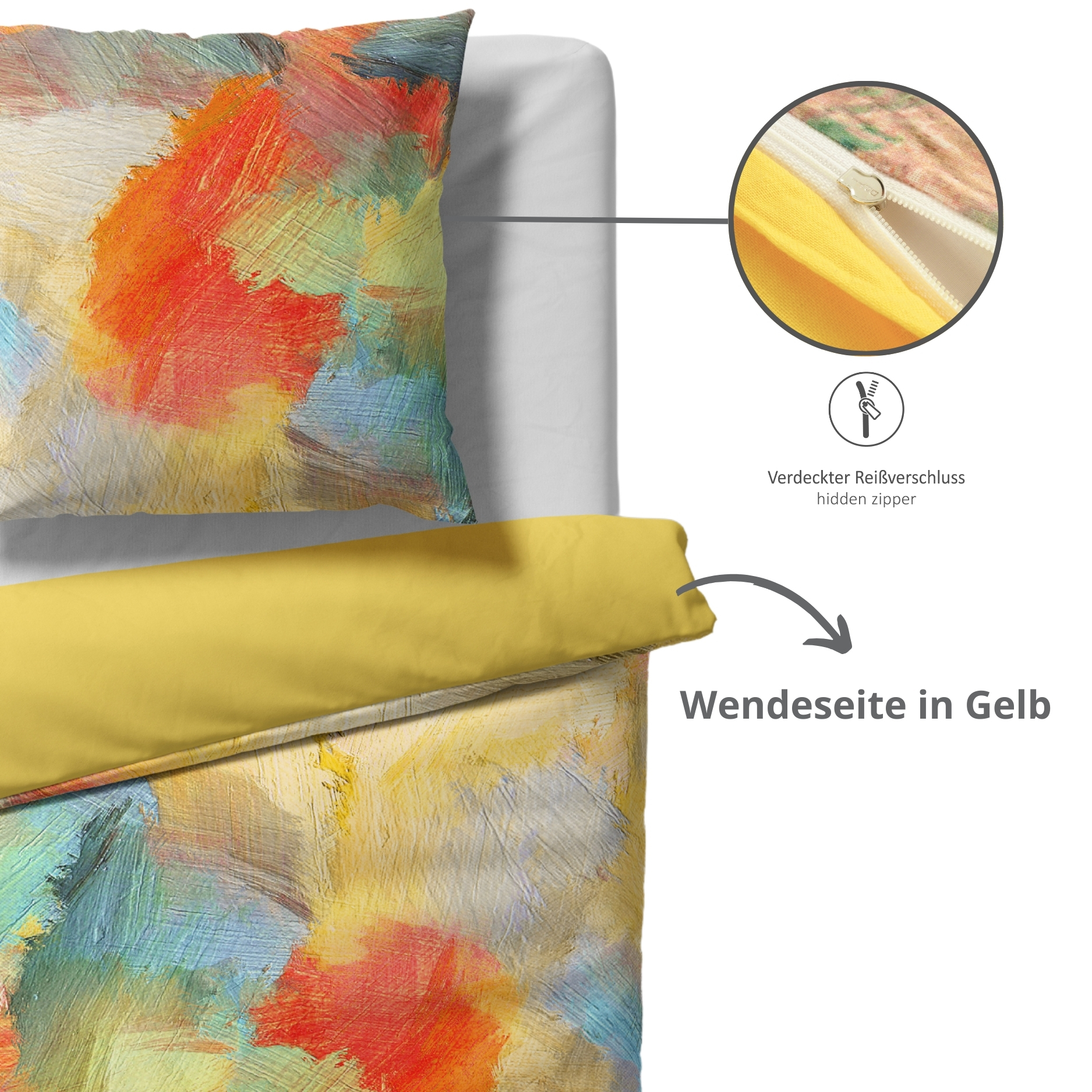liebling Bettwäsche, Wendebettwäsche weiß bunt gelb, inkl. Digitaldruck Bettbezug und Kissenhülle 80 x 80 cm, Ökotex Made in Green, bunt