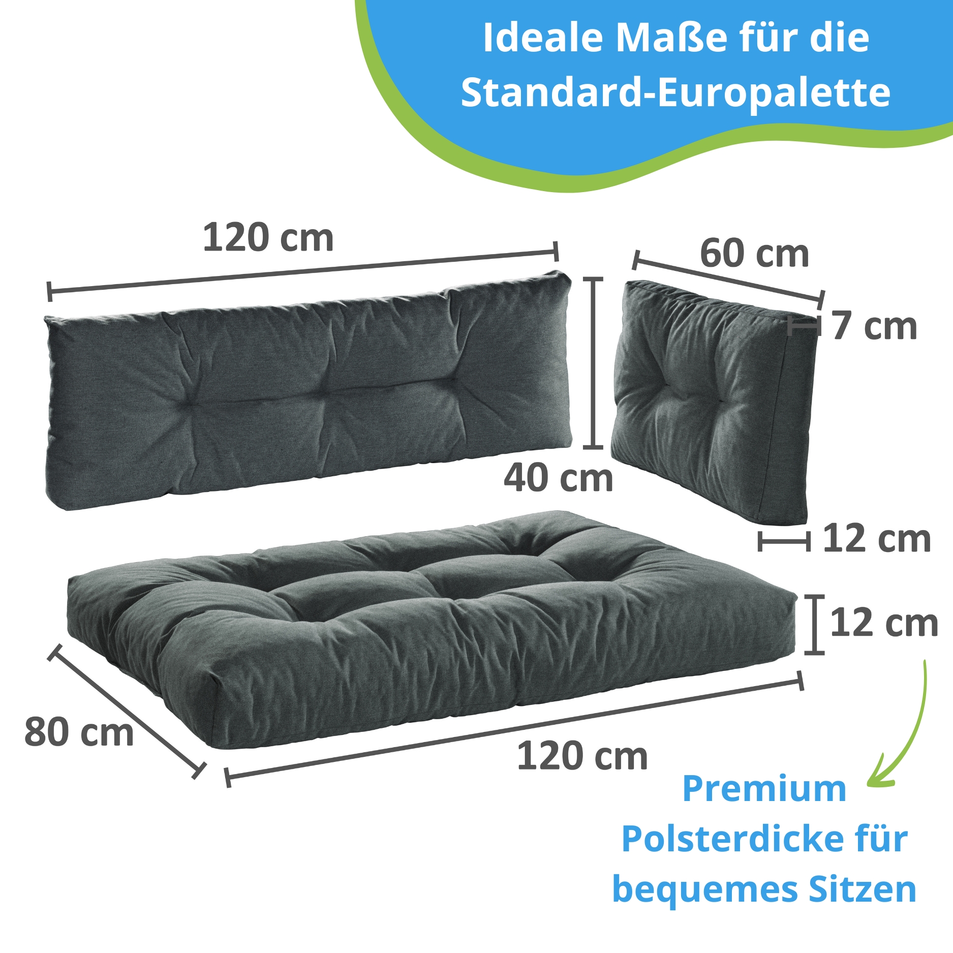 Bodyprotect Palettenkissen, Sitzkissen, Rückenlehne, Seitenteil, hochwertiger Möbelstoff