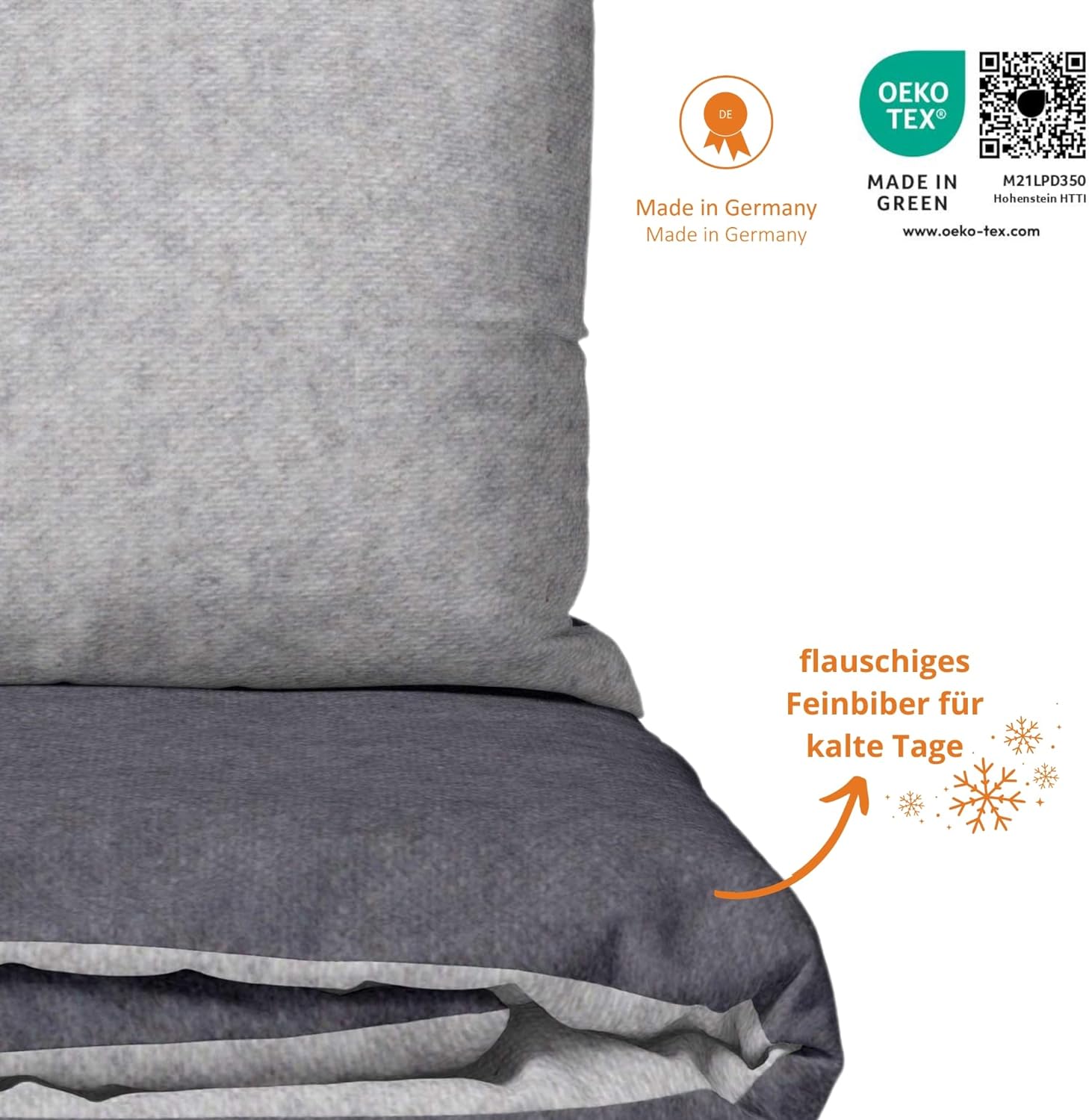 sleepling Biber Bettwäsche, Feinbiber, Wendebettwäsche grau blau grün rot, 1 Bettbezug und 1 Kissenbezug, Ökotex, waschbar bis 60 Grad