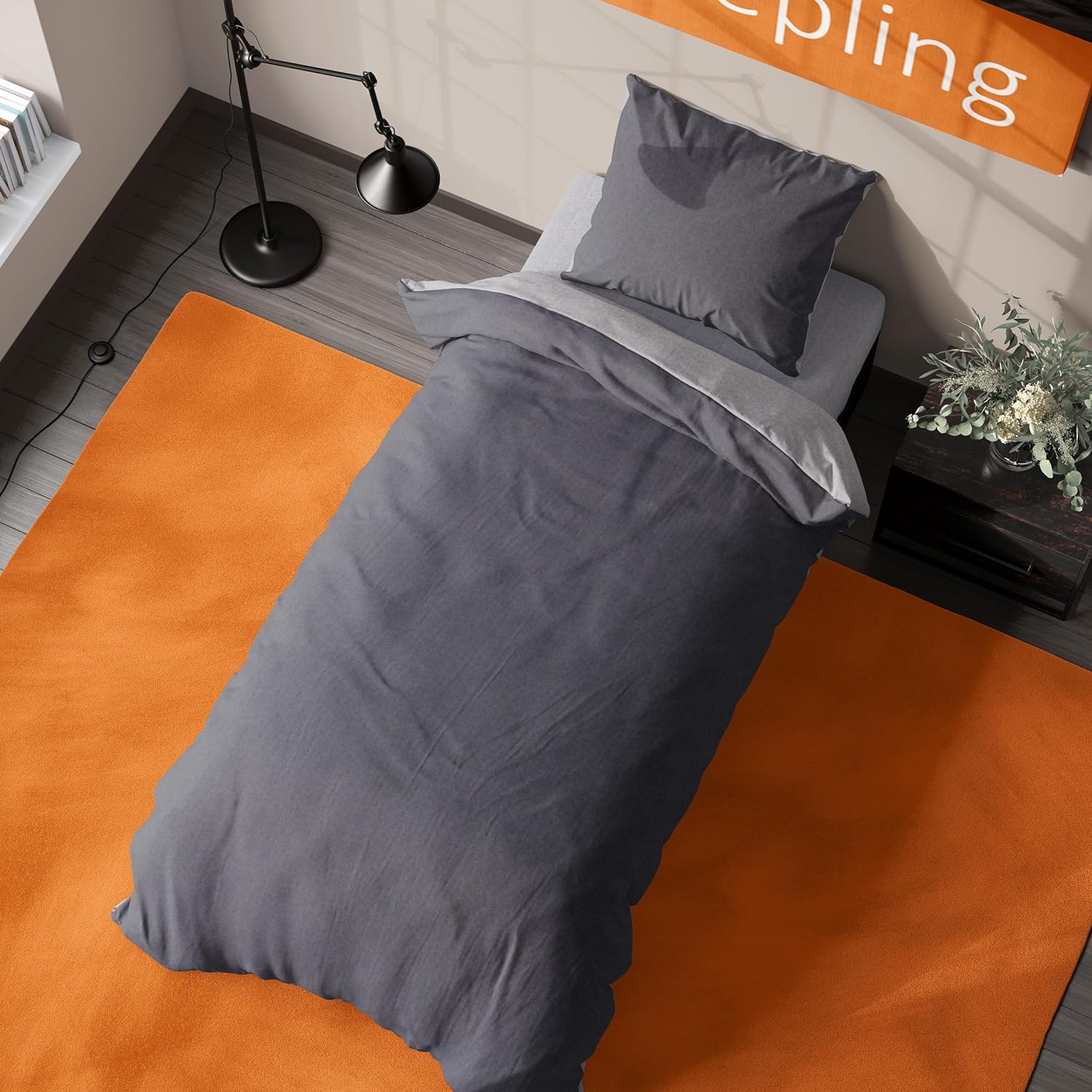 sleepling Biber Bettwäsche, Feinbiber, Wendebettwäsche grau blau grün rot, 1 Bettbezug und 1 Kissenbezug, Ökotex, waschbar bis 60 Grad