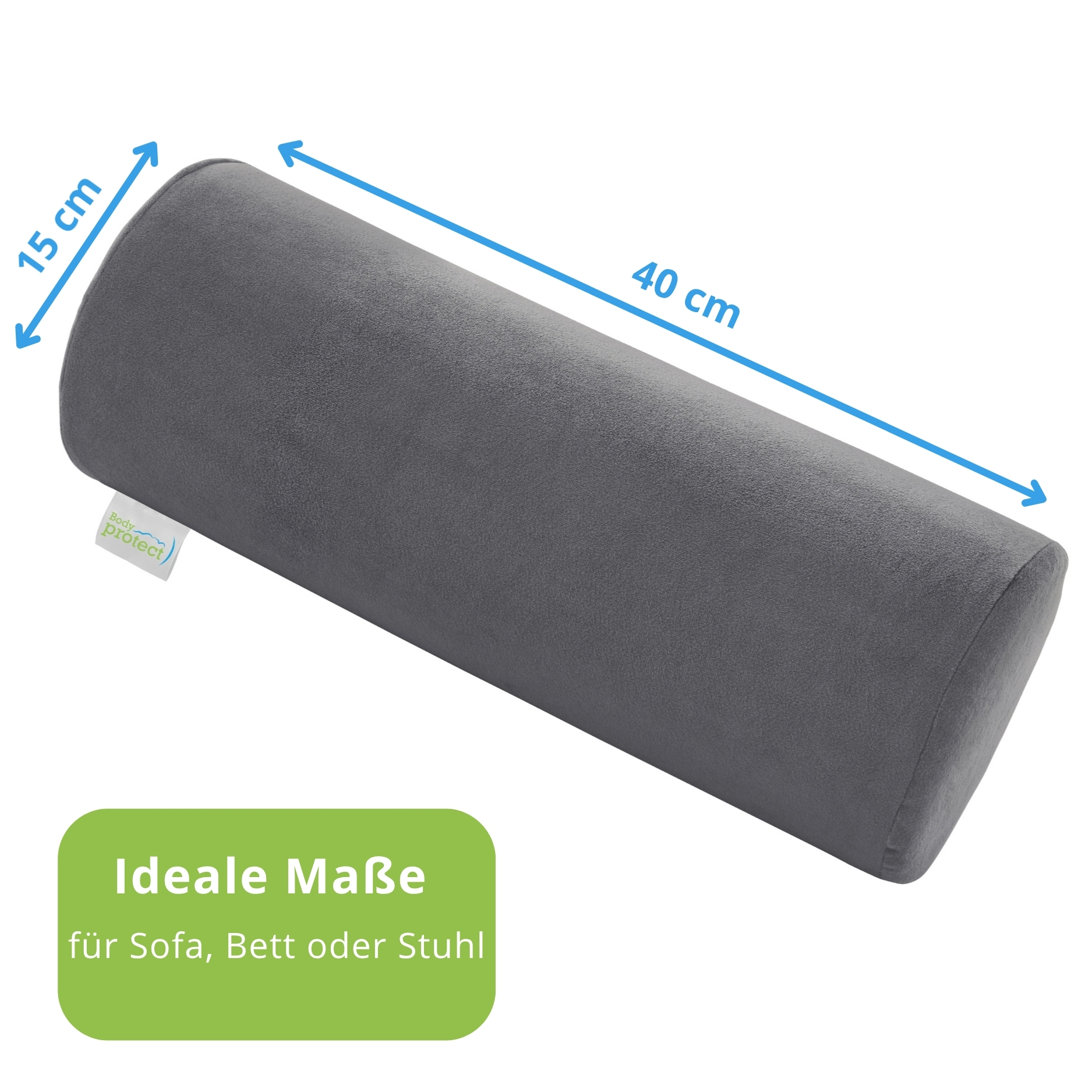 Bodyprotect Nackenrolle mit weichem Mikroplüsch Bezug, Orthopädisches Nackenkissen, Lagerungsrolle, Knierolle, Memory Foam, 15 x 40 cm, grau