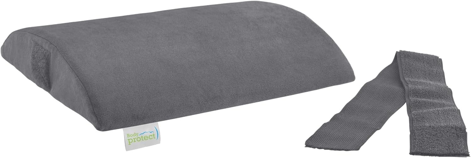 Bodyprotect Rückenkissen mit weichem Mikroplüsch Bezug, Halbrolle, Orthopädisches Kissen, Fixierbar mit Klettverschluss, Memory Foam, grau