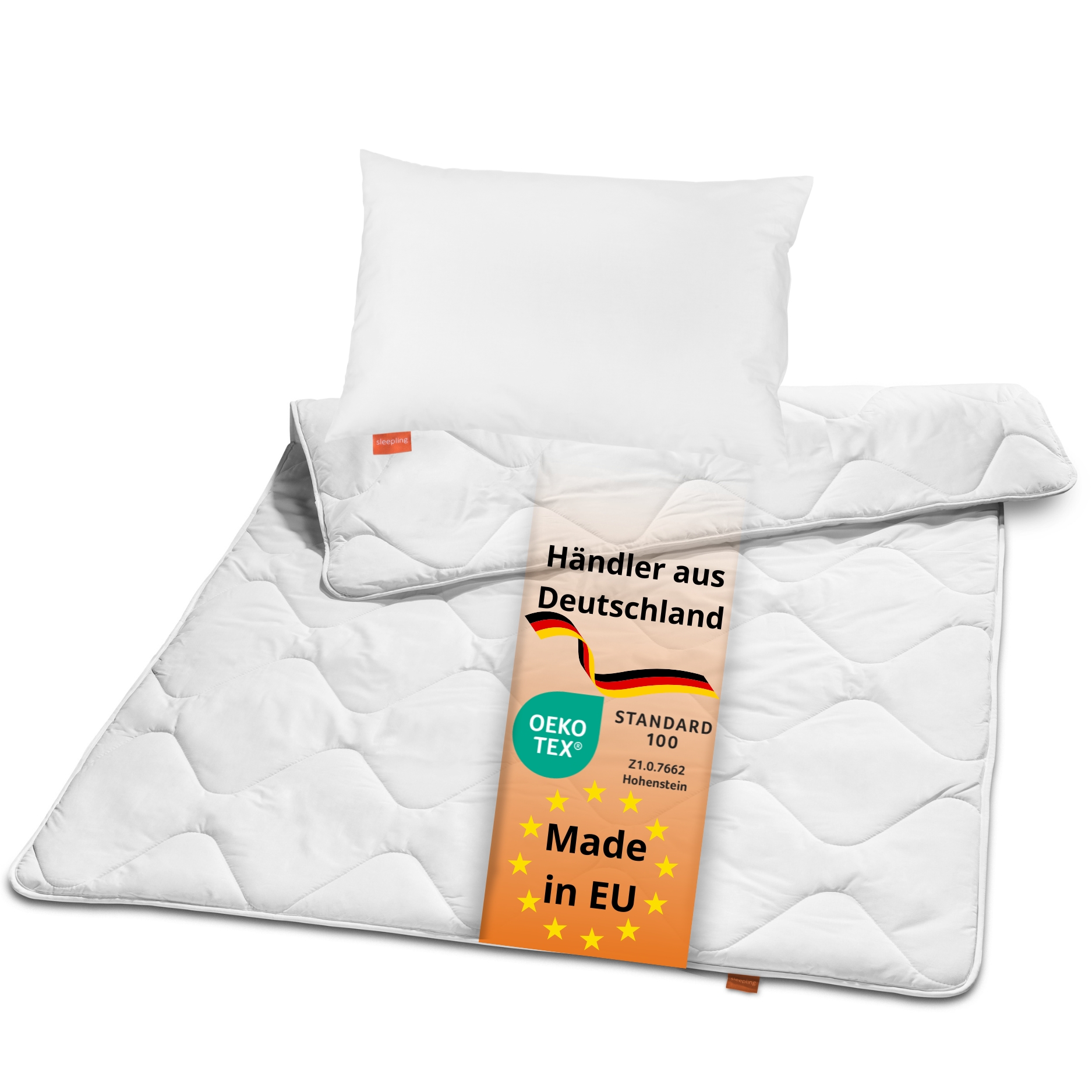 sleepling Kinderbettwaren Set | Kopfkissen Kissen + Bettdecke, Sommerdecke, Winterdecke, Ganzjahresdecke, 4-Jahreszeiten | Mikrofaser Decke | Ökotex | Wärmeklassengarantie | Made in EU, weiß