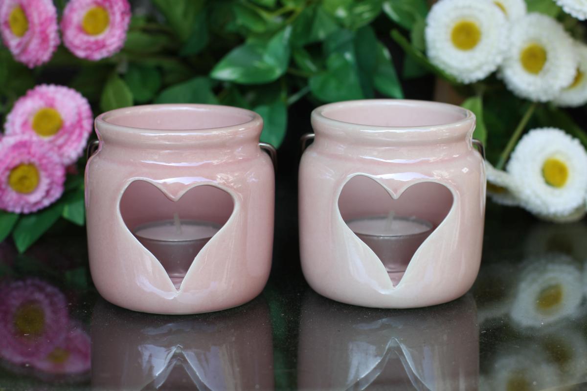 Windlicht Teelichthalter Herz in rosa 2er Set
