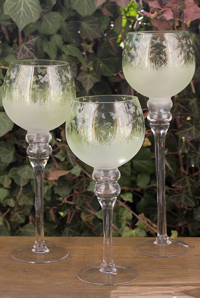 Windlicht Grigio Schmetterling Kelch Teelichthalter edle Glasform grün, 3er Set