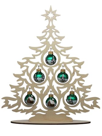 Weihnachtsbaum aus Holz auf Sockel mit handbemalten Kugeln grün