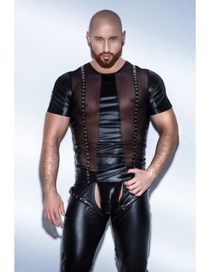 Noir Handmade - Wetlook-T-Shirt für Männer mit Netz-Einsatz und Nieten Noir Handmade - Wetlook-T-Shirt für Männer mit Netz-Einsatz und Nieten