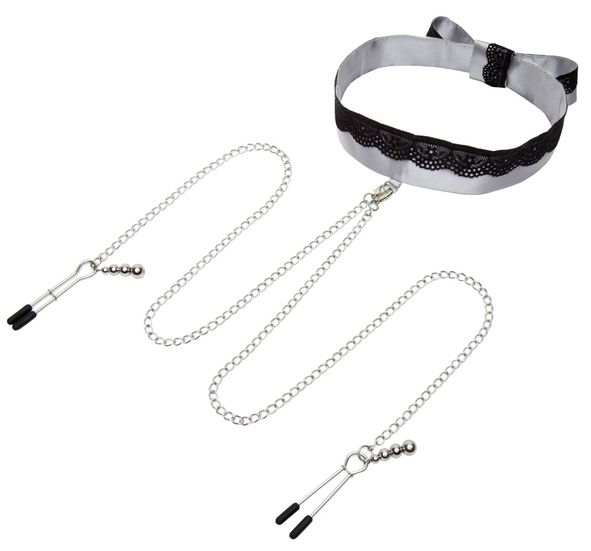 Fifty Shades of Grey - Satin Halsband mit Nippelklemmen silber Fifty Shades of Grey - Satin Halsband mit Nippelklemmen silber