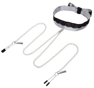 Fifty Shades of Grey - Satin Halsband mit Nippelklemmen silber