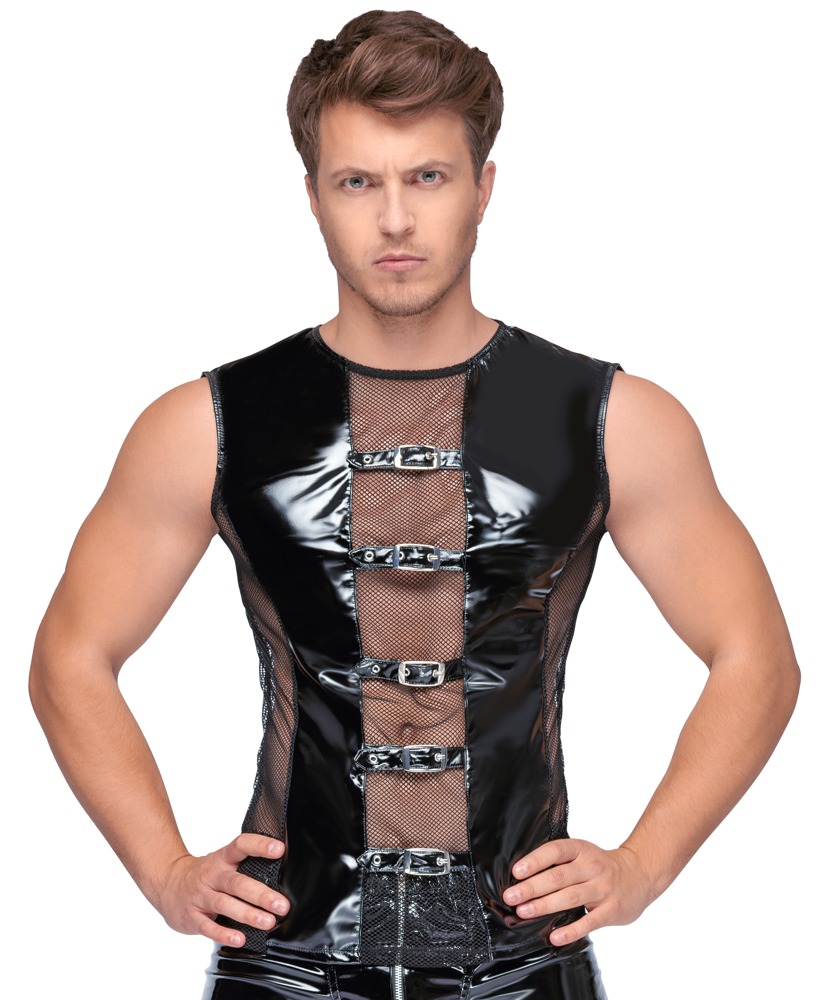 Black Level - Herren Shirt aus Lack und Mesh mit Schnallen