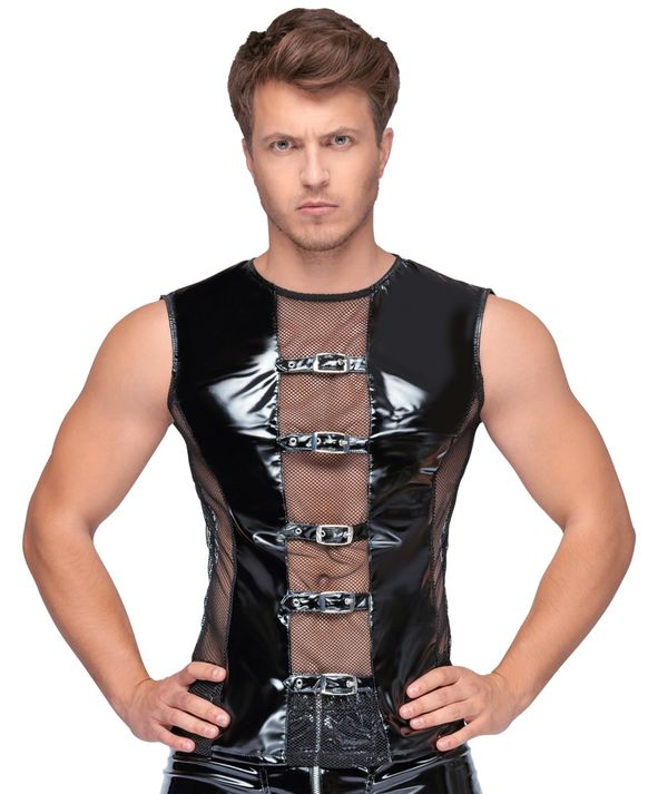 Black Level - Herren Shirt aus Lack und Mesh mit Schnallen Black Level - Herren Shirt aus Lack und Mesh mit Schnallen