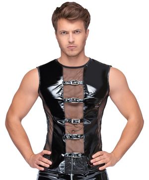 Black Level - Herren Shirt aus Lack und Mesh mit Schnallen Black Level - Herren Shirt aus Lack und Mesh mit Schnallen