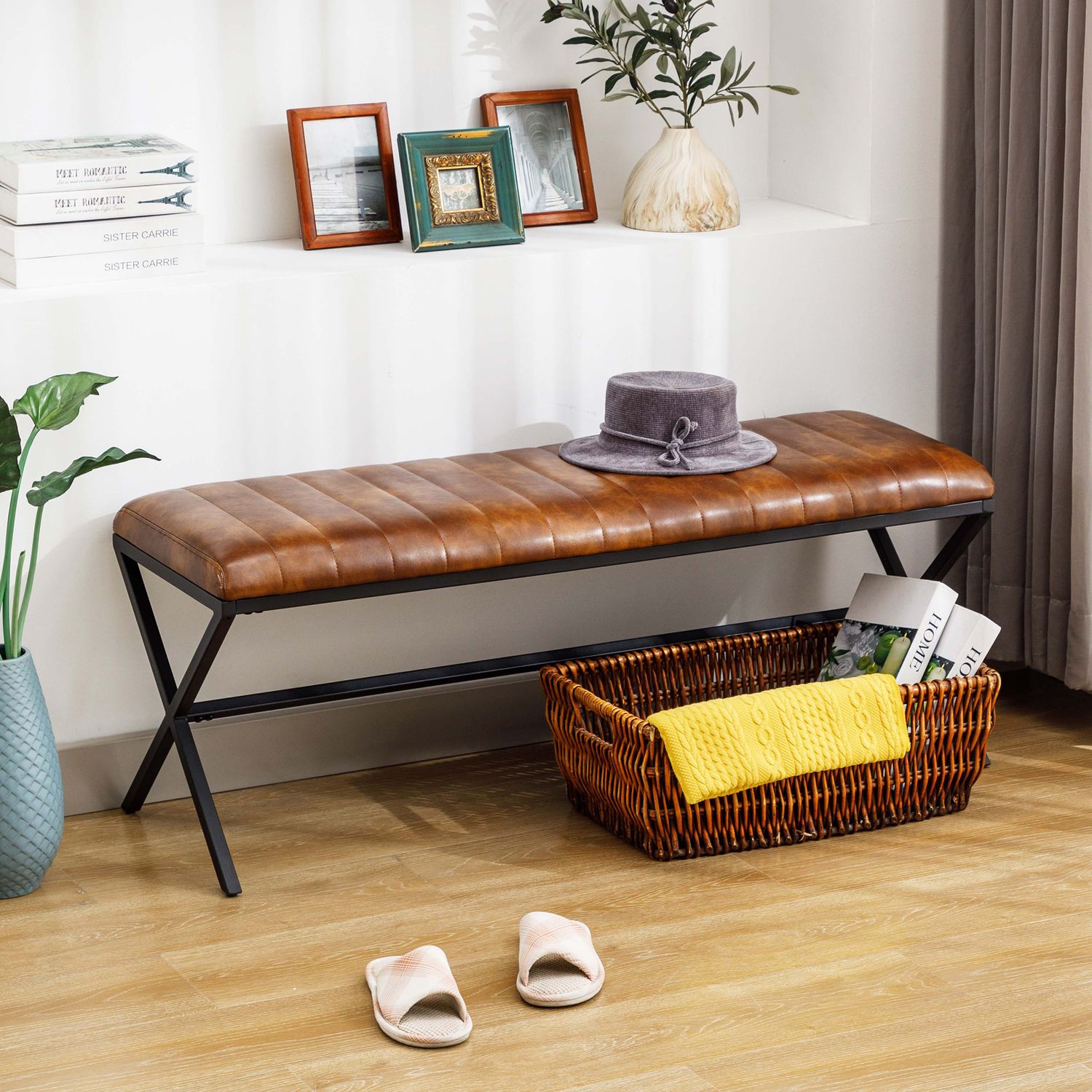 Duhome Gepolstert Sitzbank, Polsterbank Kunstleder Schminkbank Bettbank Schuhbank mit Metallbeine für Flur Esszimmer Wohnzimmer Schlafzimmer