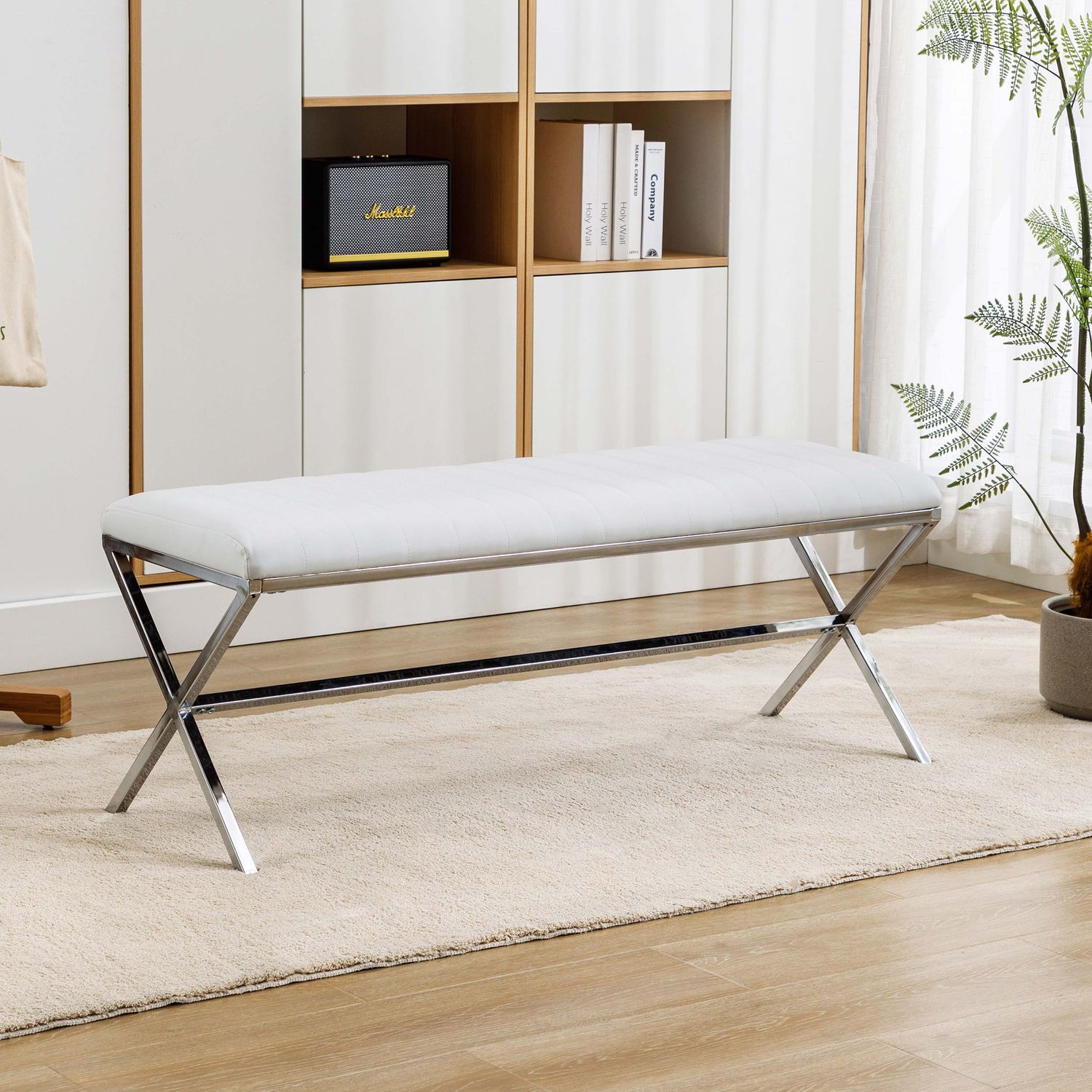 Duhome Gepolsterte Sitzbank in weiss, Polsterbank Kunstleder Schminkbank Bettbank Schuhbank mit Metallbeine für Flur Esszimmer Wohnzimmer Schlafzimmer