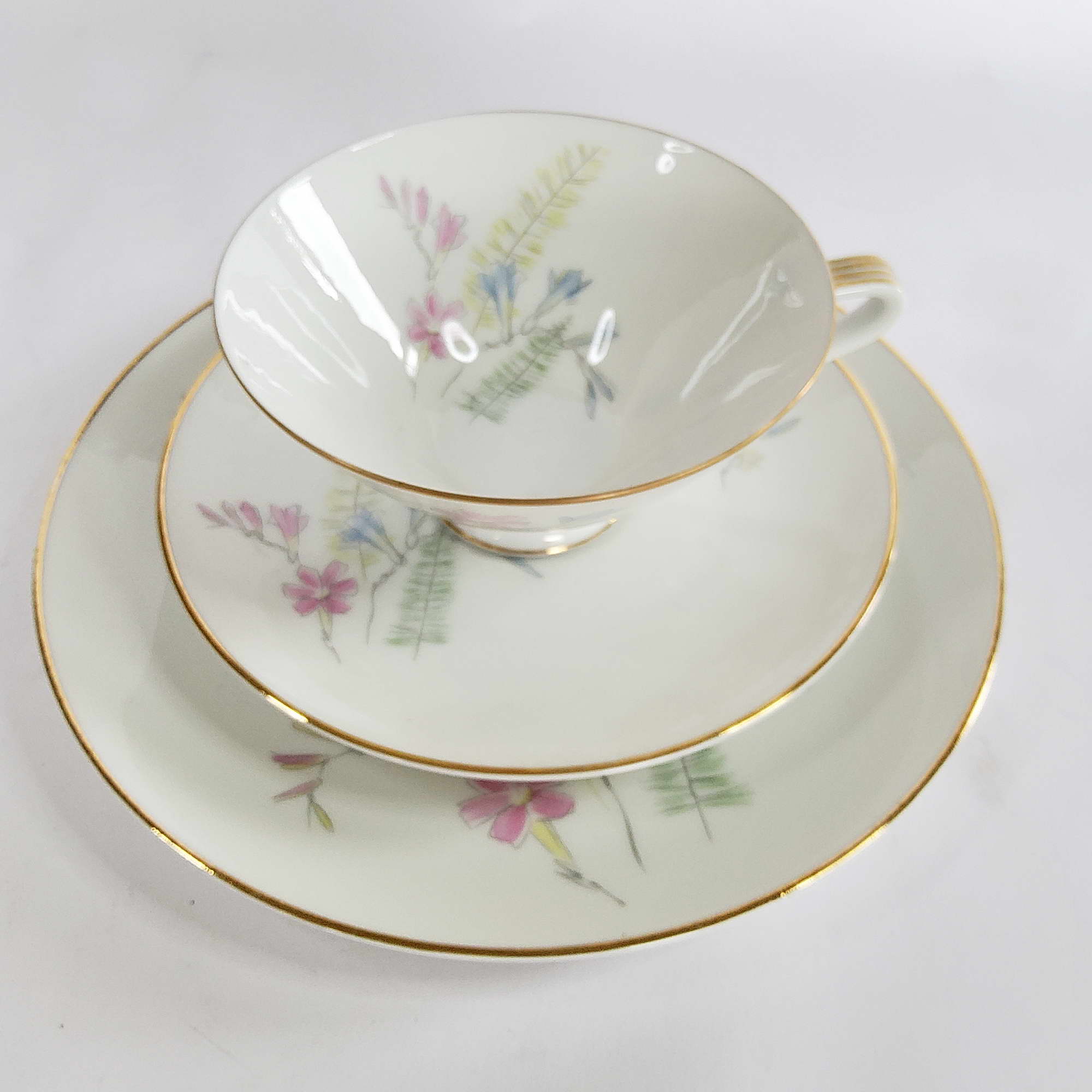 Sammelgedeck 50er, rosa-gold 3 teilig, Vintage Kaffeegedeck mit Goldrand, Hutschenreuther Selb