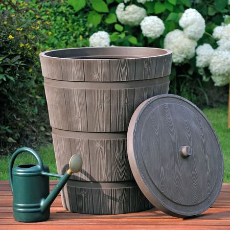 Regentonne Holzoptik Rustico braun 275 Liter Frontansicht 