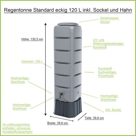 Regentonne Standard grau eckig 120 L Erklärbild