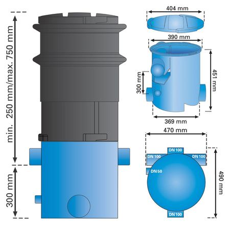 Regenwasserfilter Volumenfilter VF1 mit Tele Abmessungen