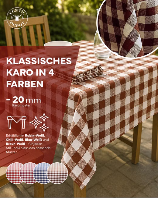 Landhaus Tischdecke 20mm Karo braun-weiß
