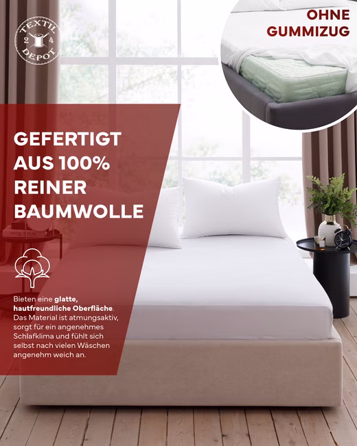Bettlaken 100% Baumwolle glatt weiß 140g/m²