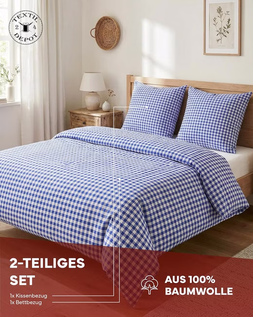 Landhaus Bettwäsche 10 mm Karo blau-weiß Reißverschluss