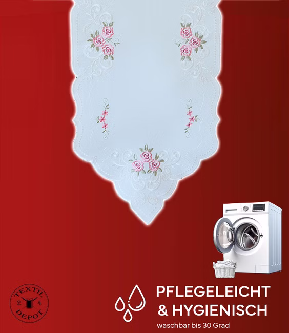 Tischwäsche mit Stickerei Rosen Blüten mit Bogenrand
