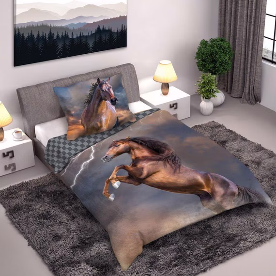 Bettwäschegarnitur 160x200 cm + 70x80 cm Reißverschluss Pferd