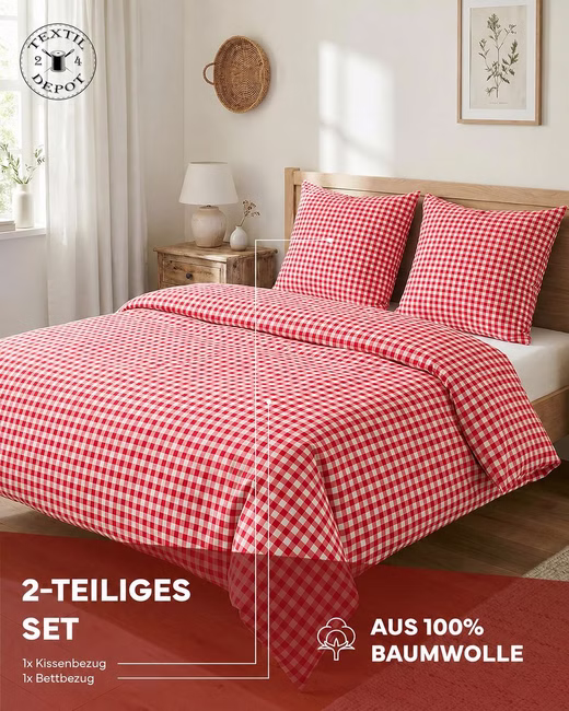Landhaus Bettwäsche Hotelverschluss 5 mm Karo rot-weiß