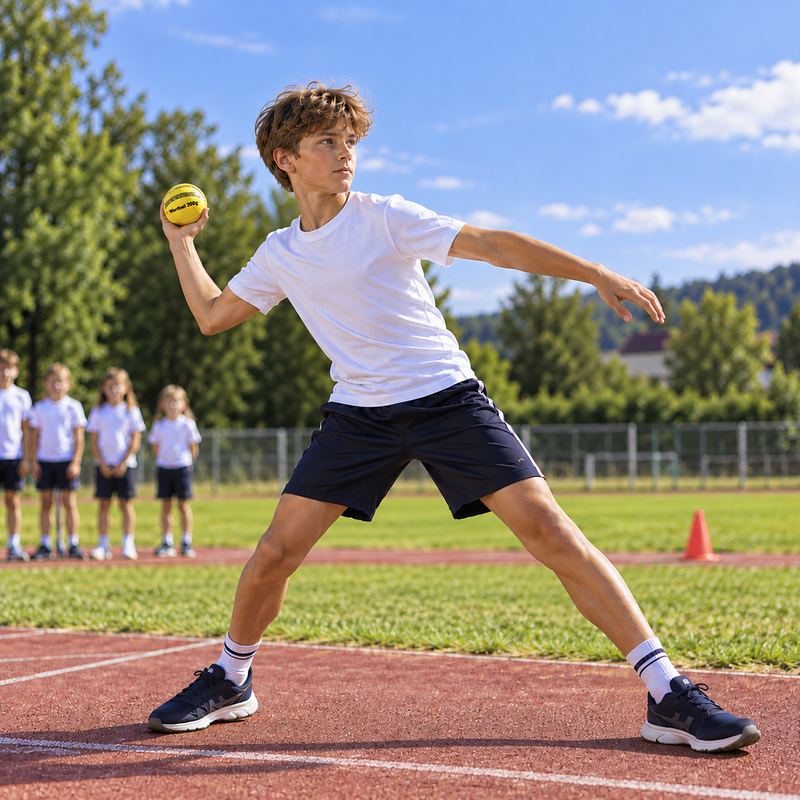 Teenager on a sports pitch with a yellow leather 200-gram throwing ball
