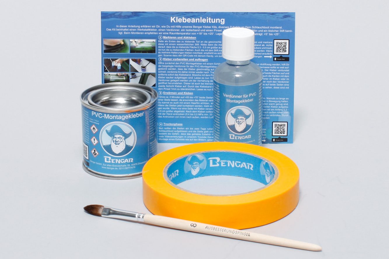Kleber Kit für Schlauchboote: PVC Kleber + Kleberverdünner + Pinsel + Klebeband Kleber Kit für Schlauchboote: PVC Kleber + Kleberverdünner + Pinsel + Klebeband