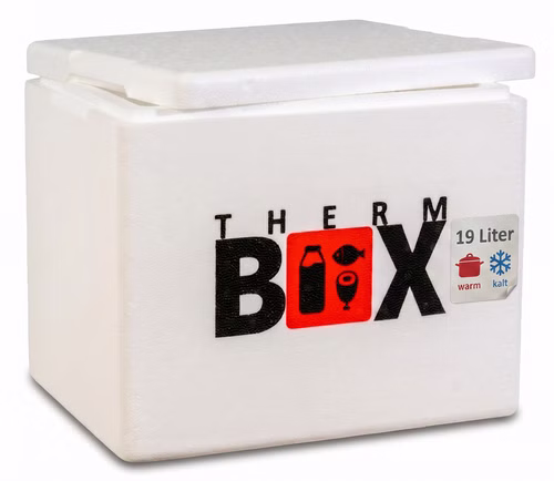 THERM BOX Styroporbox 19W | Wand: 3,0cm | Volumen: 19,4L | Innenmaß:34x23x24cm | Weiß Isolierbox Thermobox Kühlbox Warmhaltebox