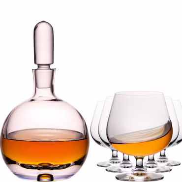 IMPERIAL Cognackaraffe mit Glasstopfen und 6 Cognacgläsern – aus Crystalline Glas Handmade