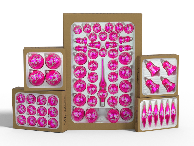 39 tlg. Glas-Weihnachtskugeln Set in Hochglanz-Pink-Silberne-Ornamente