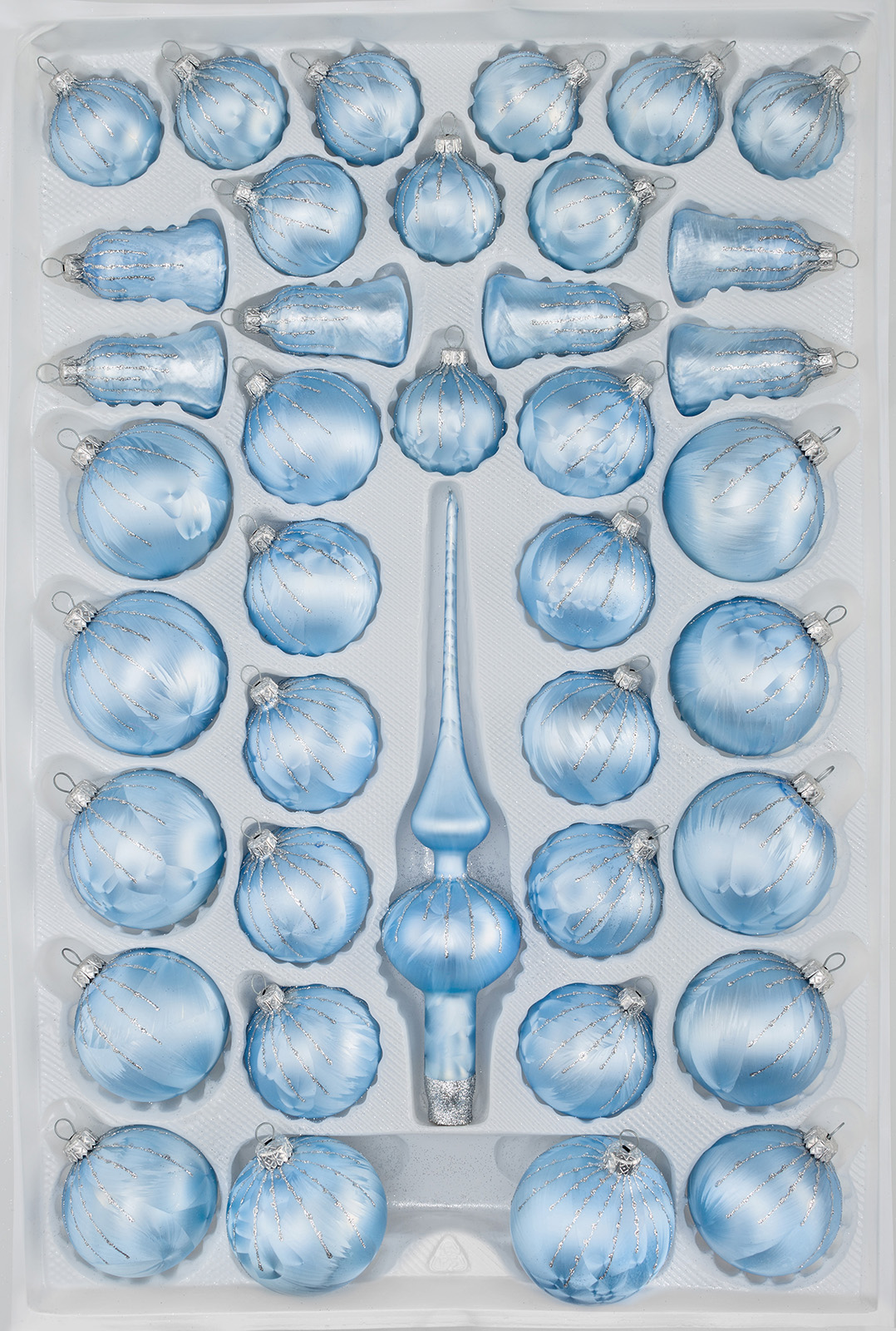 39 tlg. Glas-Weihnachtskugeln Set in Ice Blau Silber Regen