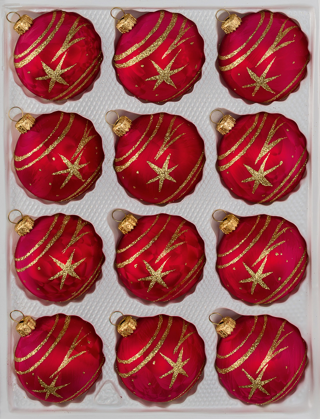 12 tlg. Glas-Weihnachtskugeln Set in Ice Rot Gold Komet