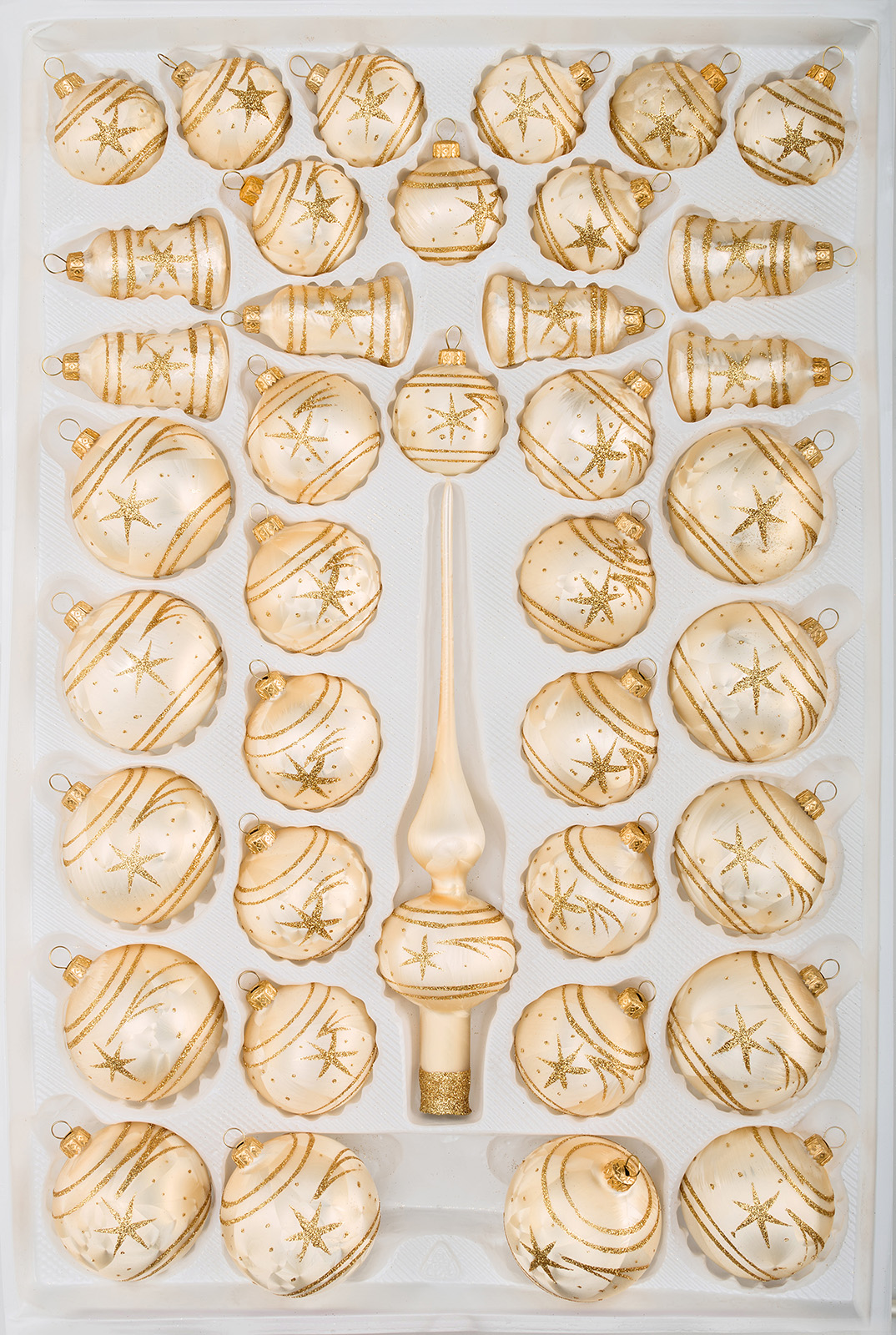 39 tlg. Glas-Weihnachtskugeln Set in Ice Champagner Gold Komet