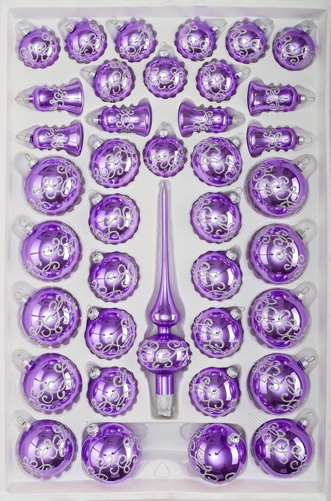39 tlg. Glas-Weihnachtskugeln Set in Hochglanz-Lila-Silberne-Ornamente