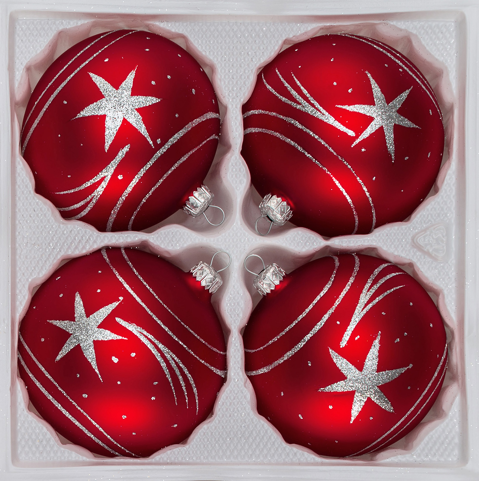 4 tlg. Glas-Weihnachtskugeln Set 10cm Ø in Classic Rot Silber Komet