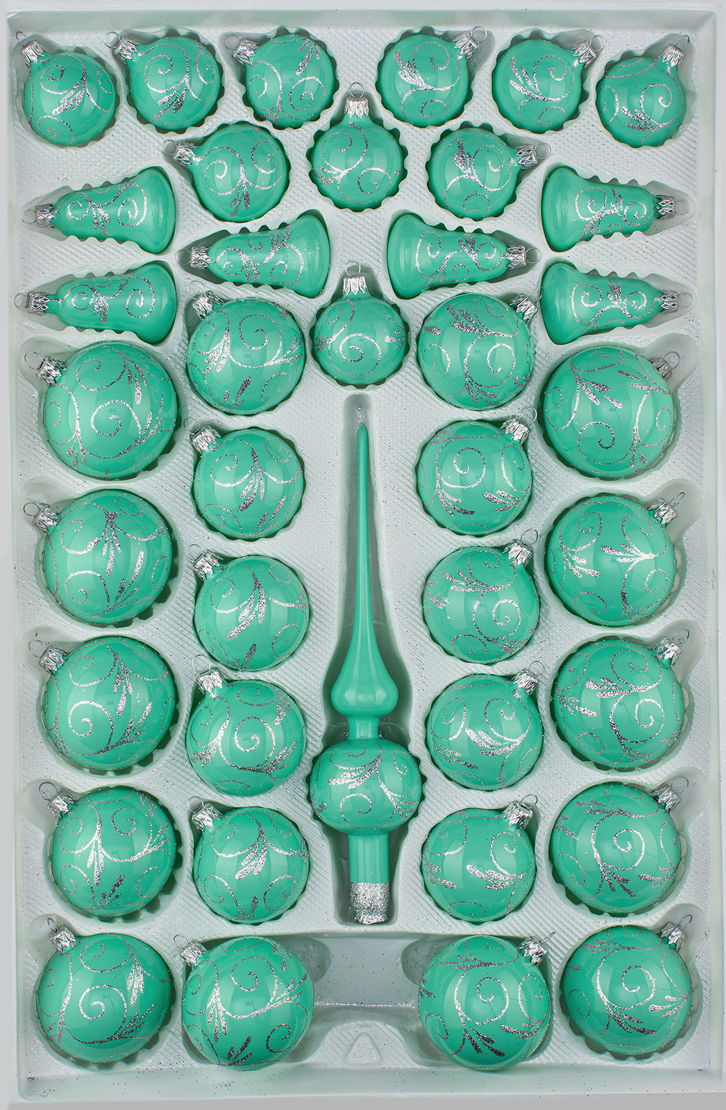 39 tlg. Glas-Weihnachtskugeln Set in Hochglanz Modern Mint Silberne Ornamente